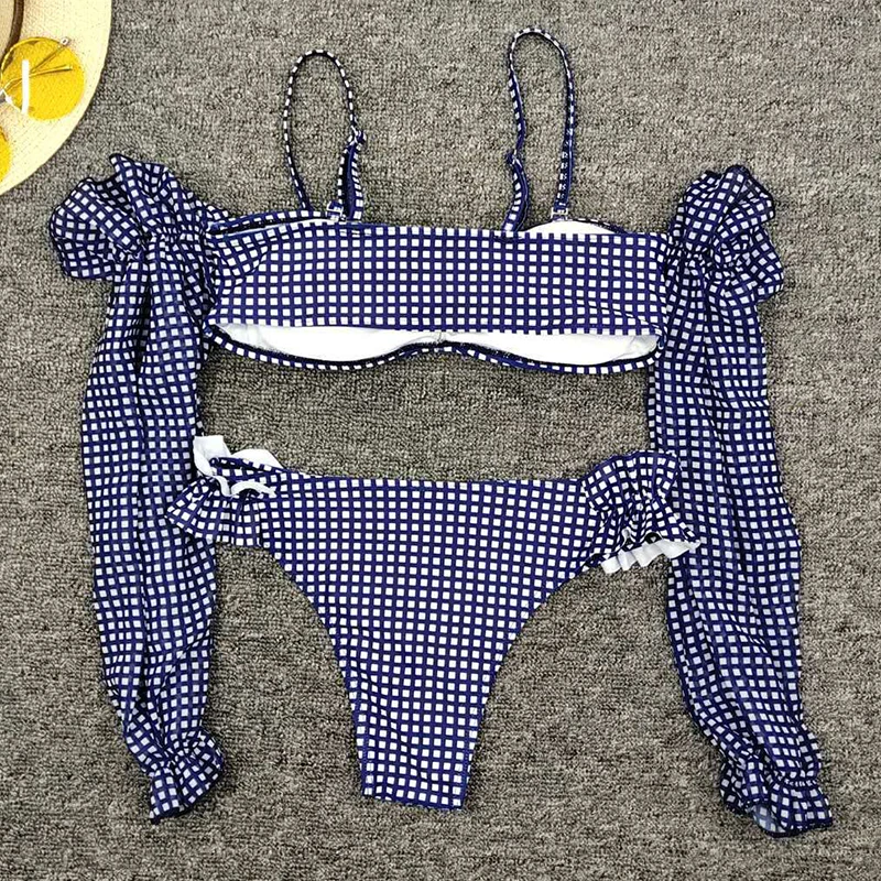 

Sexy Plaid Printed Bikini Women Swimsuit Long Sleeve Swimwear 2020 Brazilian Bikini Set Bathing Suits Summer Beach Wear Swimming