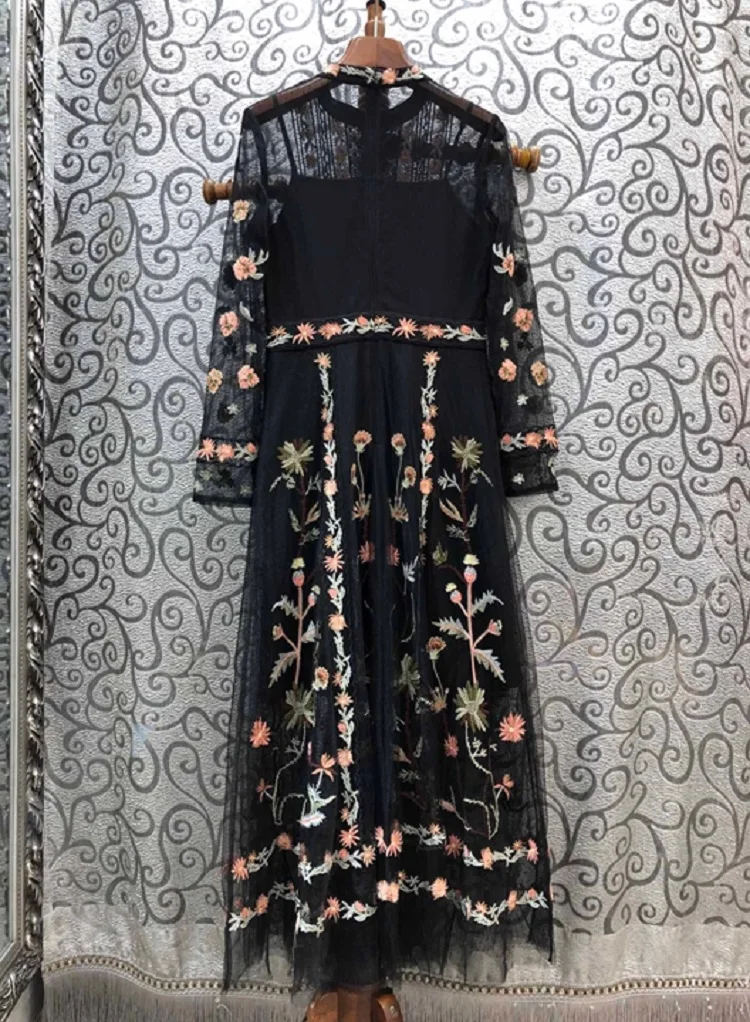 

Quality New Top 2021 Spring Summer Long Evening Vestidos Women Allover Tulle Mesh Embroidery Long Sleeve Party Maxi Dress Festa