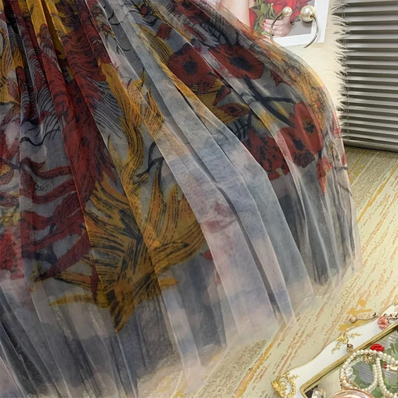 

Free shipping French mesh geometric pattern 3D printed sexy skirt 2020 women's high waist skirt elegant women's pleated skirt XL