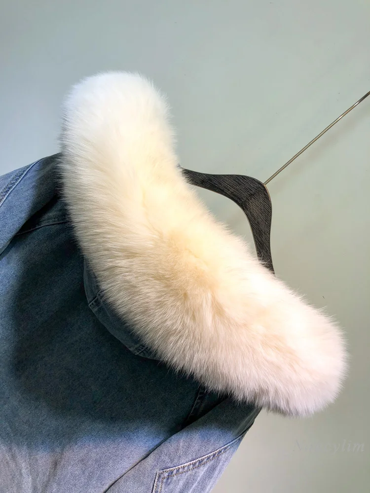 

Real Genuine Fur Collar Denim Jacket for Women Winter Thickened Warm Duck Down Overcoat Loose Long Coat Windproof Streetwears