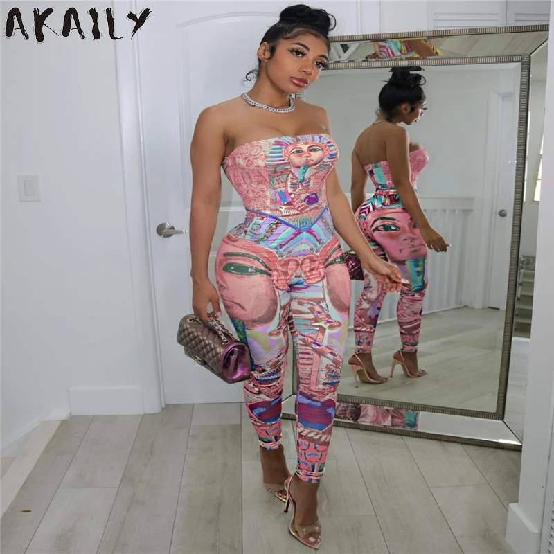 

Летний комбинезон Akaily с принтом, Цельный Наряд, Длинные Комбинезоны для женщин 2021, обтягивающие без рукавов, с открытой спиной, женский