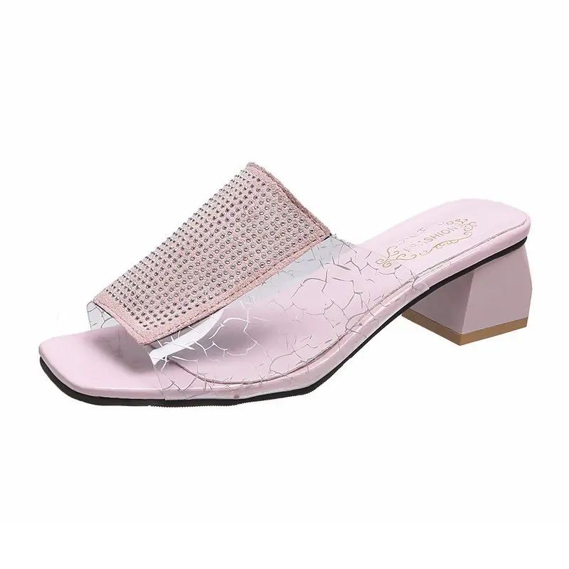 

Square Toe Shoes Woman 2021 Med Low Slippers Summer Pantofle Transparent Heel Big Size Luxury Slides New Designer Rome Fabric PU