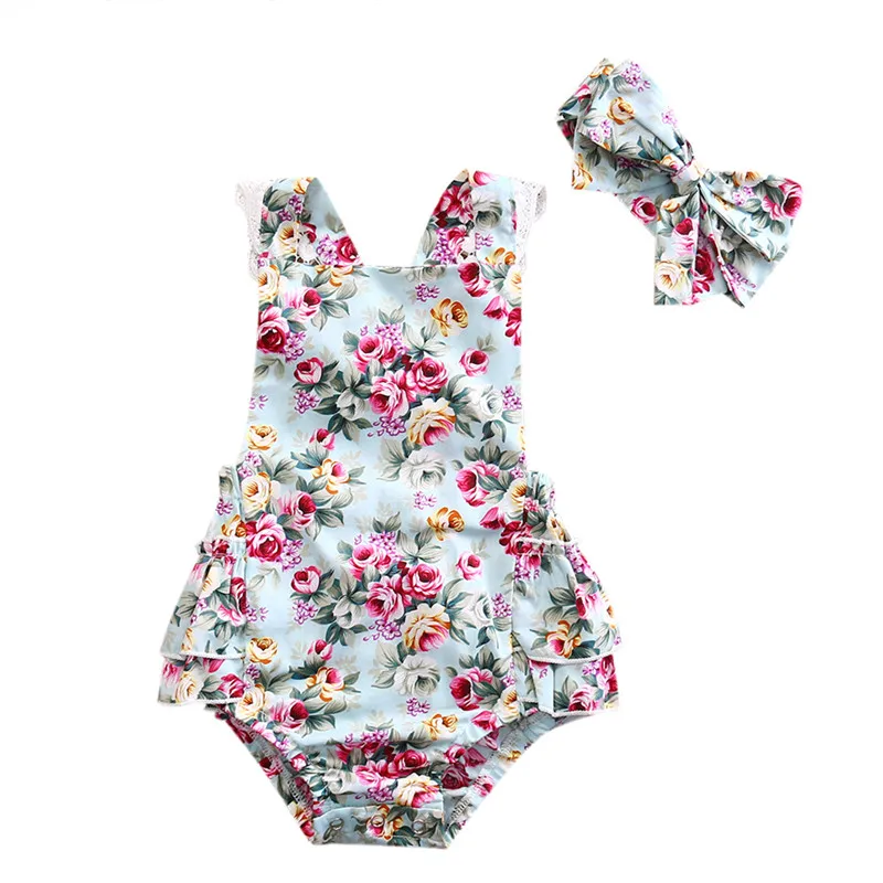 

Newborn Baby Girls lovely Clothes Floral Outfits Set sleeveless Lace Jumpsuit Romper Playsuit Bodysuit and headband