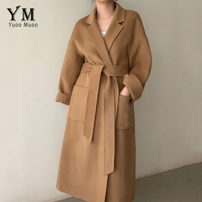 

YuooMuoo Korean Style Loose Oversize Long Women's Wool Coat Open Stitch Belted Lady Cloak Windbreaker Autumn Winter Jacket