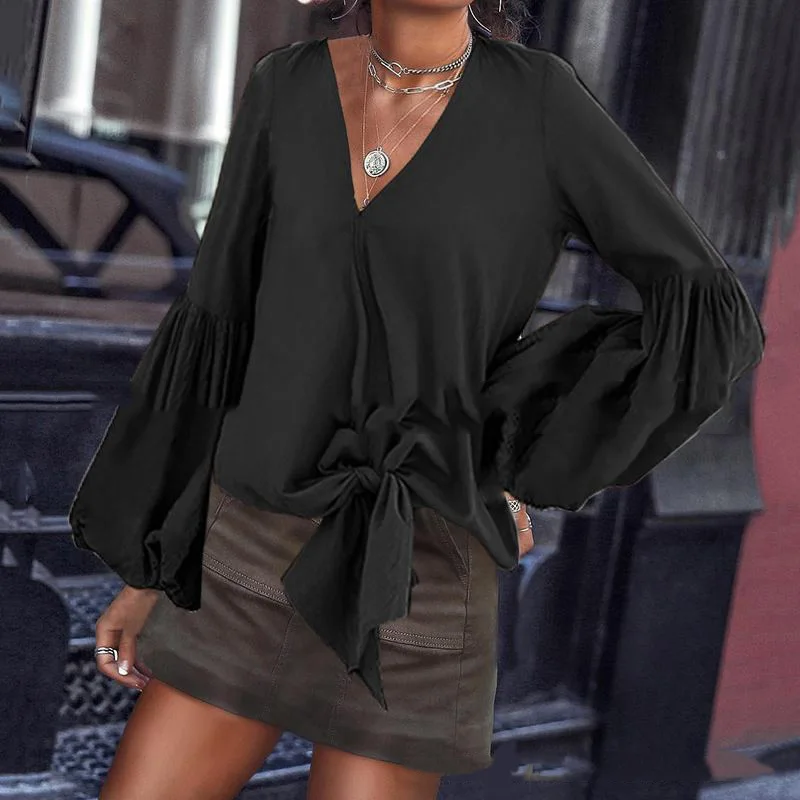 Осенняя Женская рубашка повседневная свободная сексуальная v-образные вырезы с