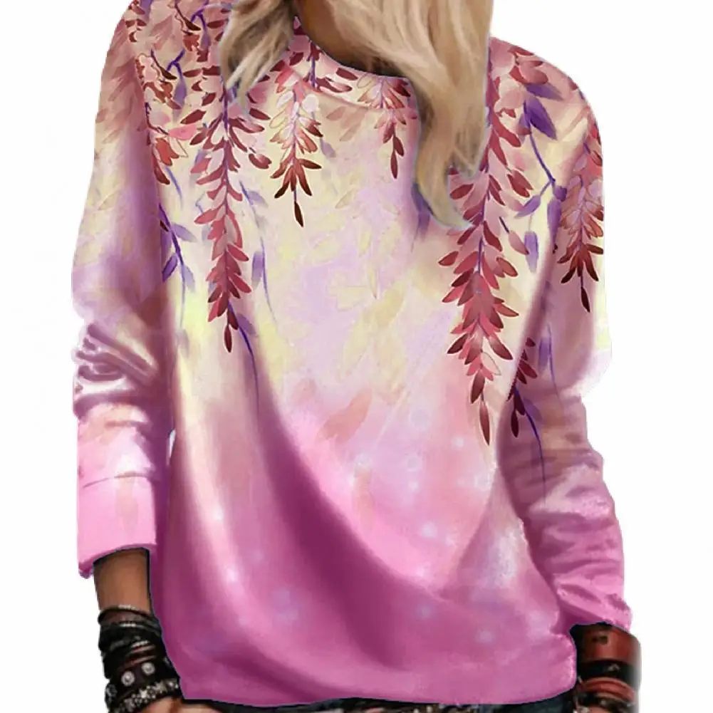 

Ele-choices Women M-3XL Sweatshirt Leaf Print All Match 5 Colors Autumn Casual Loose Pullover Hoodie for Daily Wear