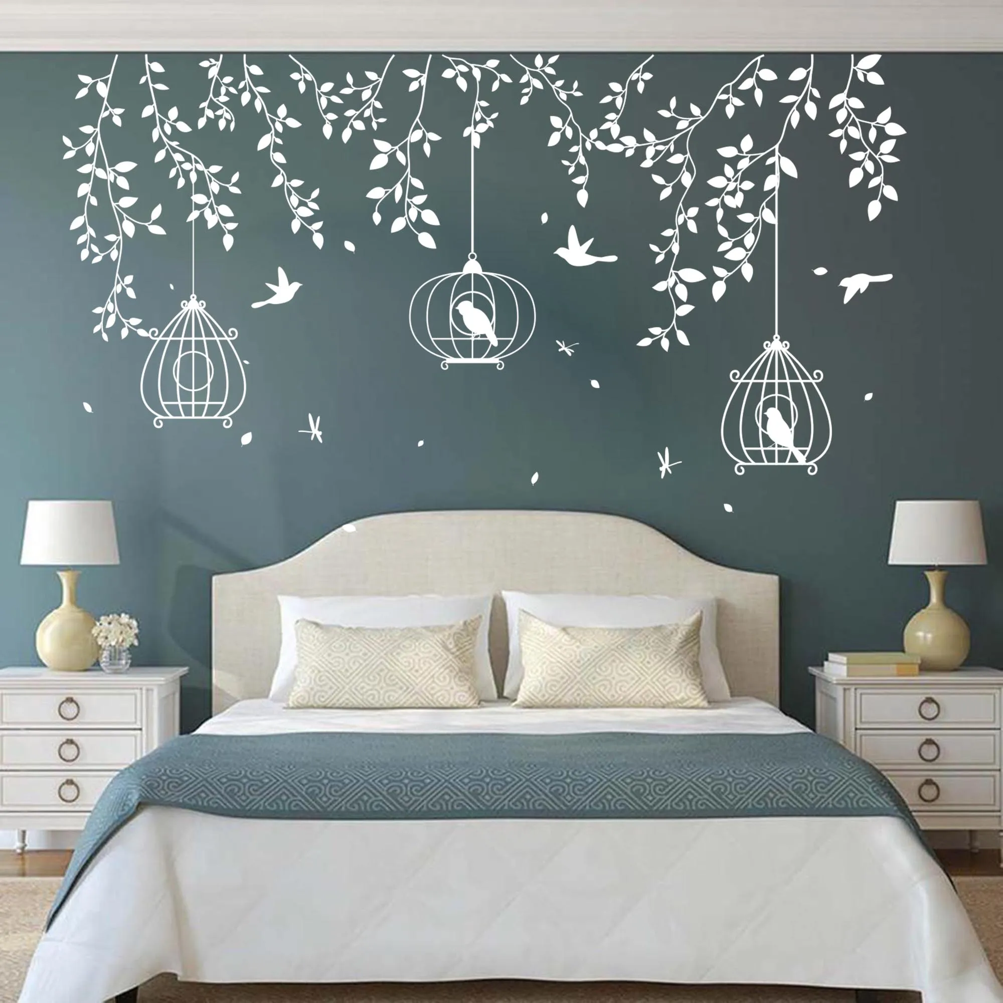 Виниловый стикер на стену большие птичья клетка дереве листья для спальни дивана