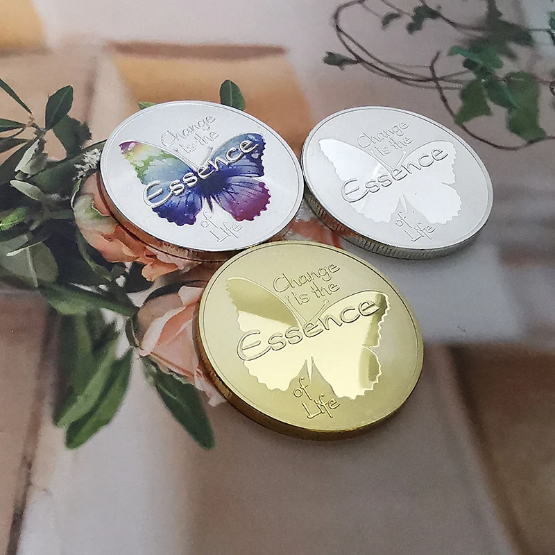 3PCs Color Butterfly Metamorphosis Animal Gold Silver Coins &quot Change is the Essence of Life Inspirational Wish Lucky Gifts | Дом и сад
