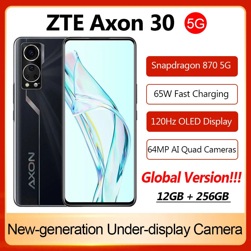 

2021 Global ZTE Axon 30 5G Smartphone Snapdragon 870 65W Fast Charging 64MP AI-Quad Cameras 6.92'' OLED Display Mobile Phone