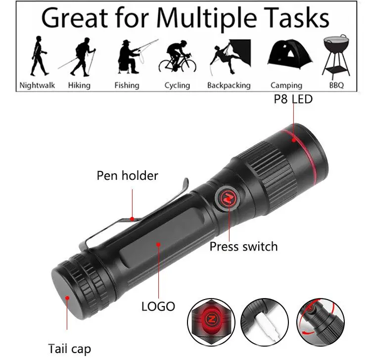 Мощный светодиодный фонарик P8 специальный Z-образный свет USB Перезаряжаемый