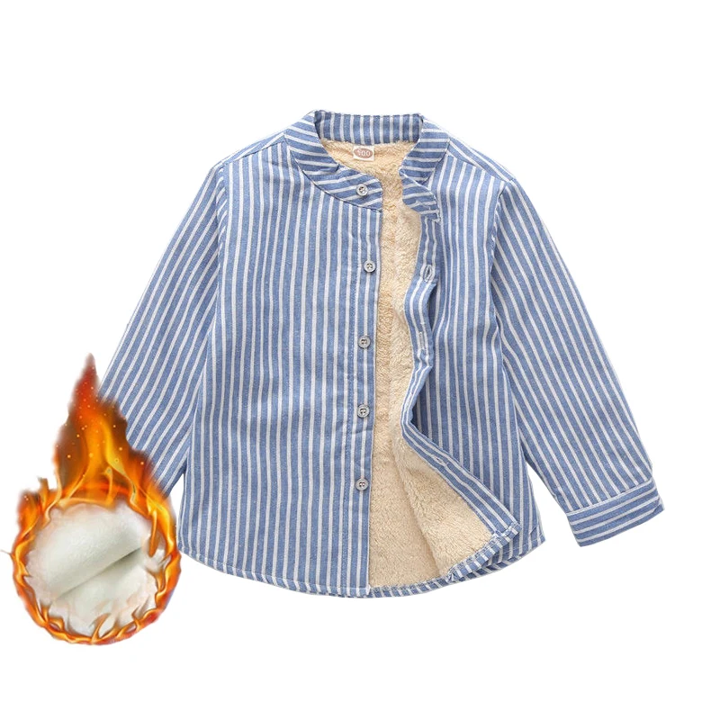 

Winter Boys Shirts Stripe Fleece Thicken Long Sleeve Warm Kids Blouse Turndown Collar Children's Clothing School Teens Boy Tops