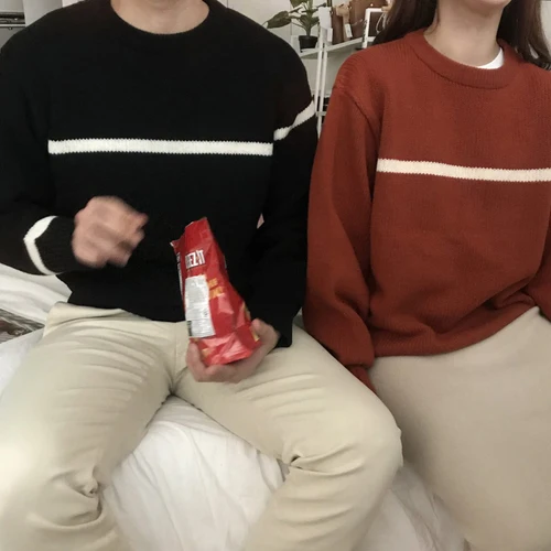 Простой повседневный Свободный вязаный Однотонный свитер в полоску для колледжа