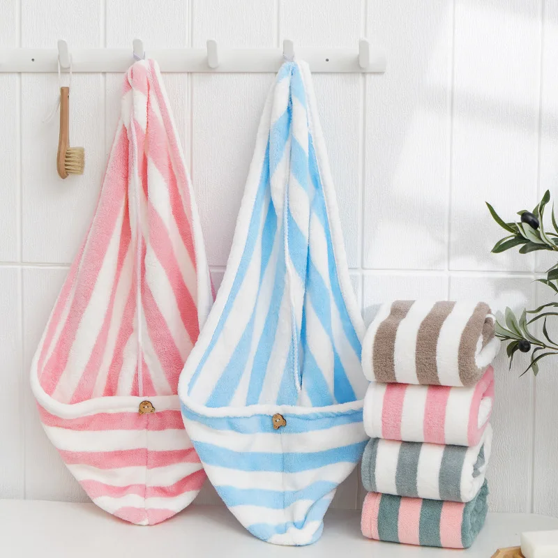 

Microfiber Bath Towel Fashion Striped Quickly Dry Hair Drying Turban Cap Lady Soft Shower Hat For Female Head Wrap Bathing Tools