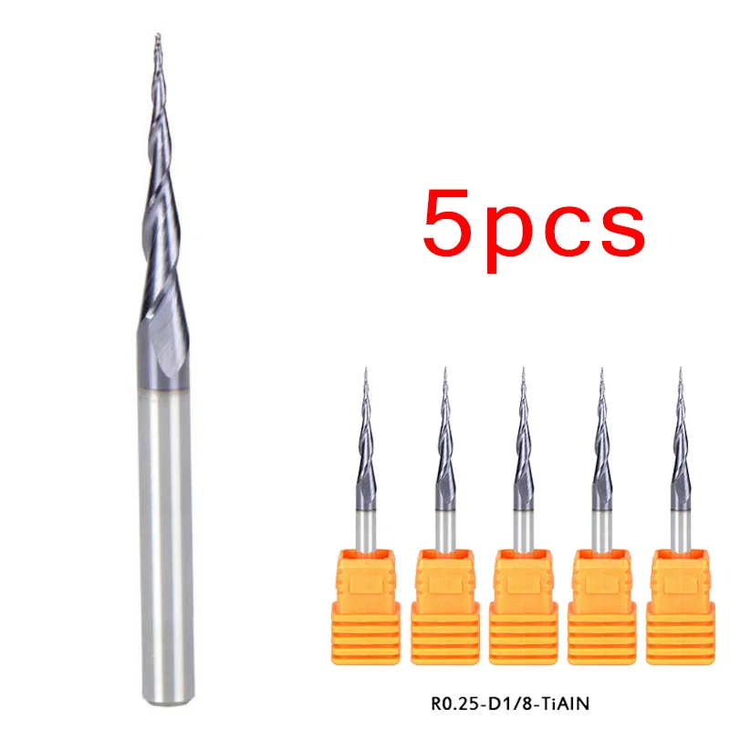 

Ball End Mill Nose Milling Bit 2 Flutes 5pcs 0.25mm 1/8 Shank Tapered CNC