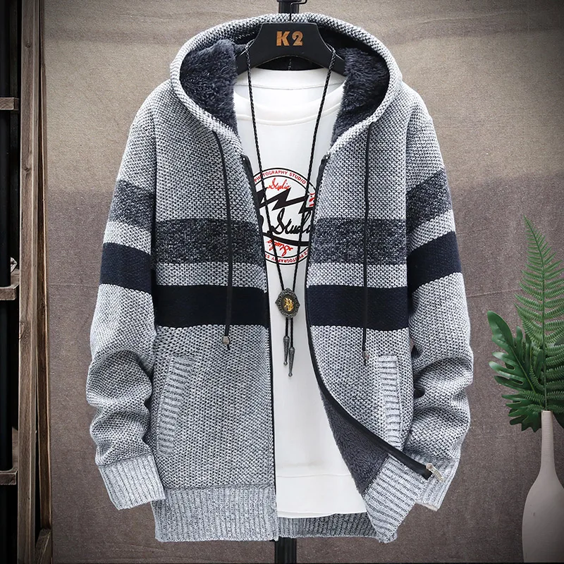 Men's Hooded Jumper Casual Sweater Coat Fleece wool Autumn/winter Warm Loose Cardigan Zip Up Jacket Male Knitwear