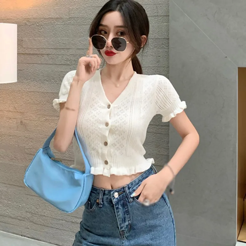 

Sexy Hollow Out Women Knitted Crop Top Summer Thin Short Sleeve V-neck Button Solid Bandage Ruffles Short T-shirt Female Tops