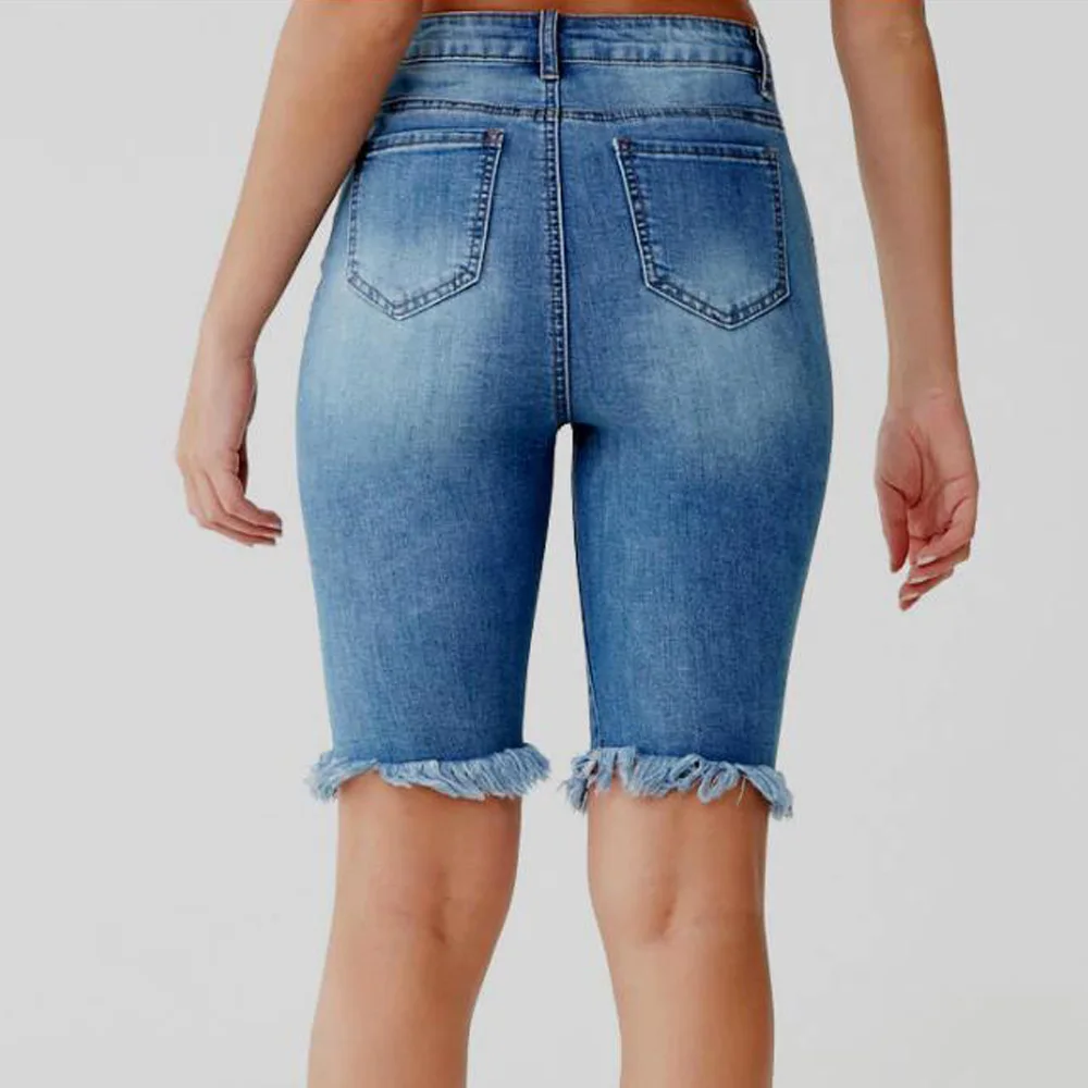 Женские джинсовые шорты до колен с высокой талией и кисточками | Женская одежда