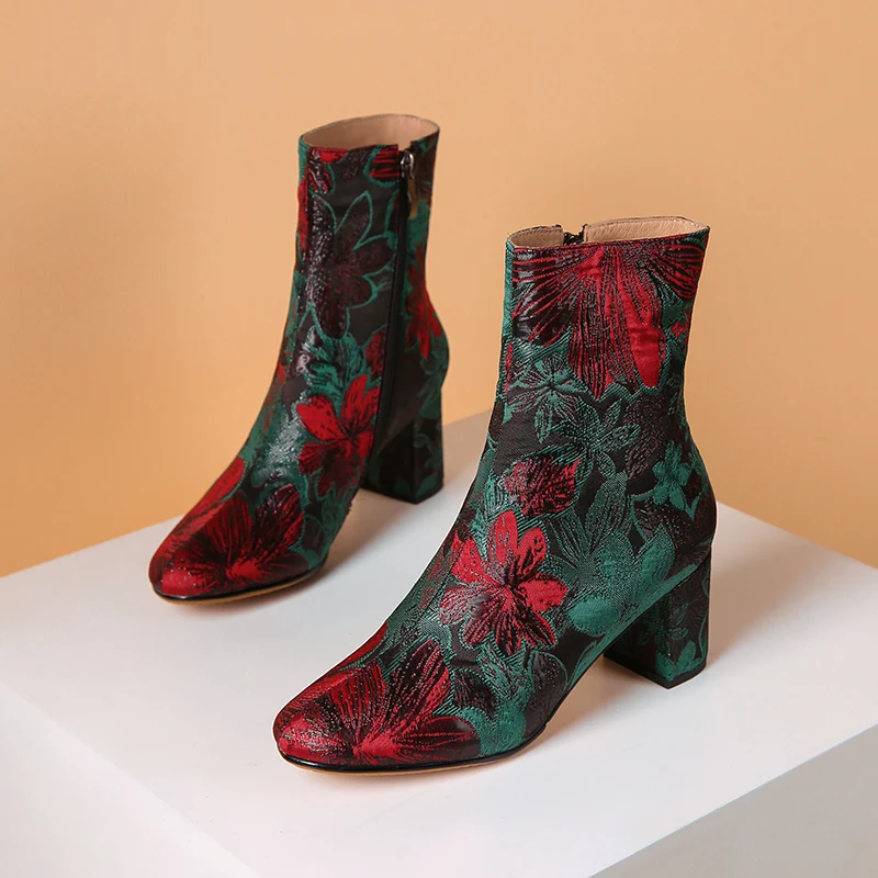 Новые винтажные женские ботильоны TXCNMB с круглым носком и вышивкой на высоком