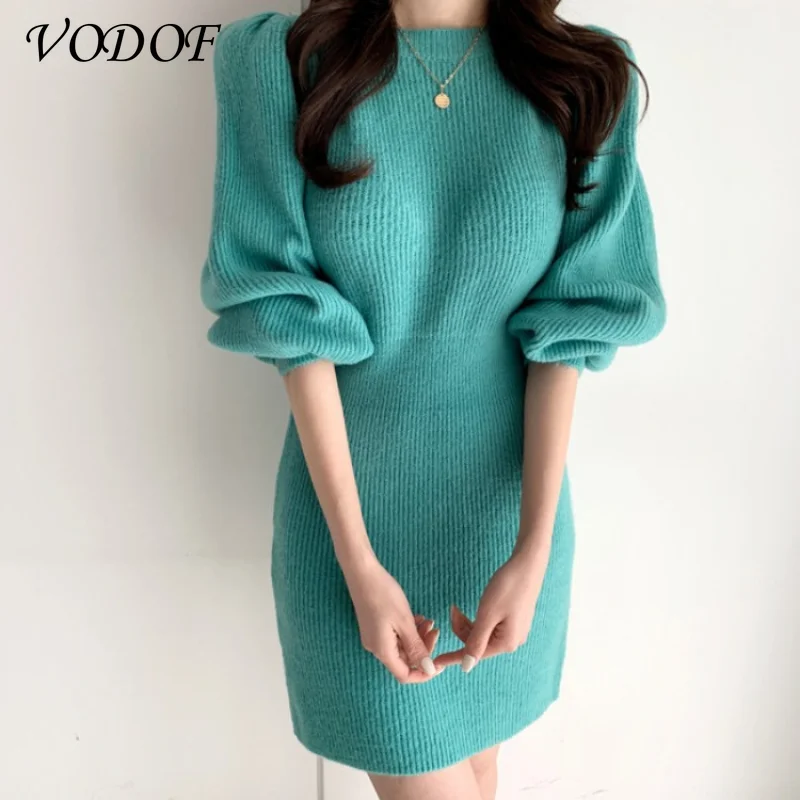 VODOF Long Sleeve Female Package Hip Knitted Dress 2021 Autumn Winter Split Women Sweater Dress Ladies