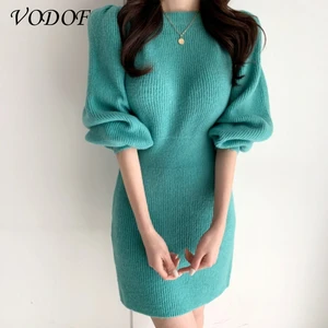 VODOF Long Sleeve Female Package Hip Knitted Dress 2021 Autumn Winter Split Women Sweater Dress Ladies