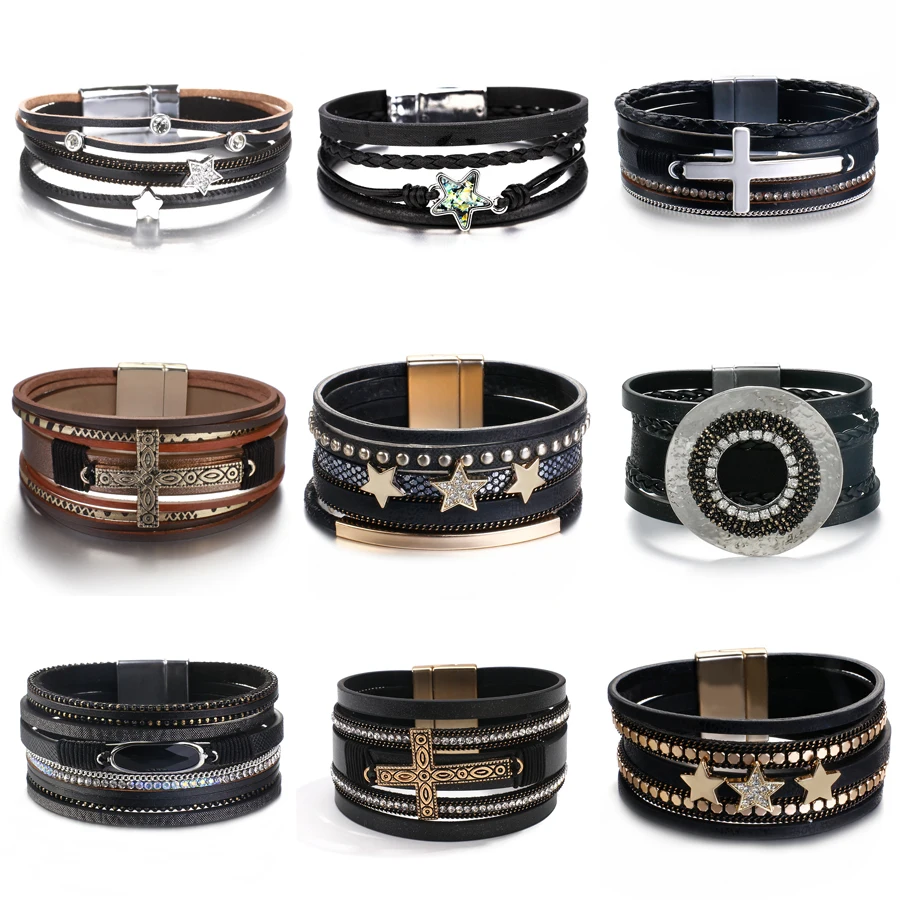 Amorcome Multitype Big Cross Stars Charm Wrap Leather Bracelets for Women Men Punk Metal Multi-strand Wide Bracelet Boho Jewelry