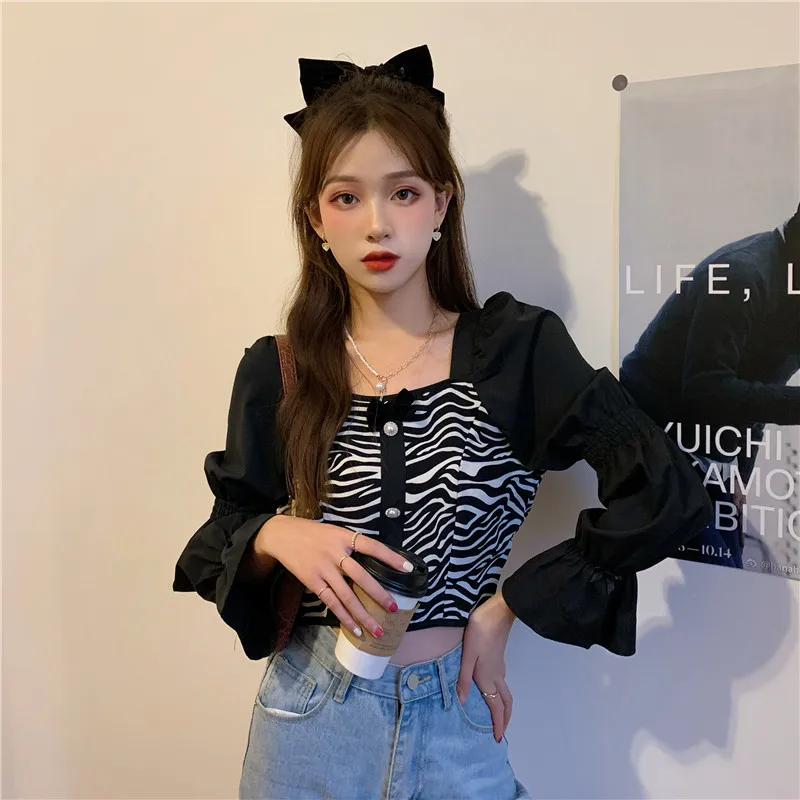 

zebra striped ladies shirts spring fall square collar chiffon sweet lace long sleeve women blouses crop top blusas mujer de moda