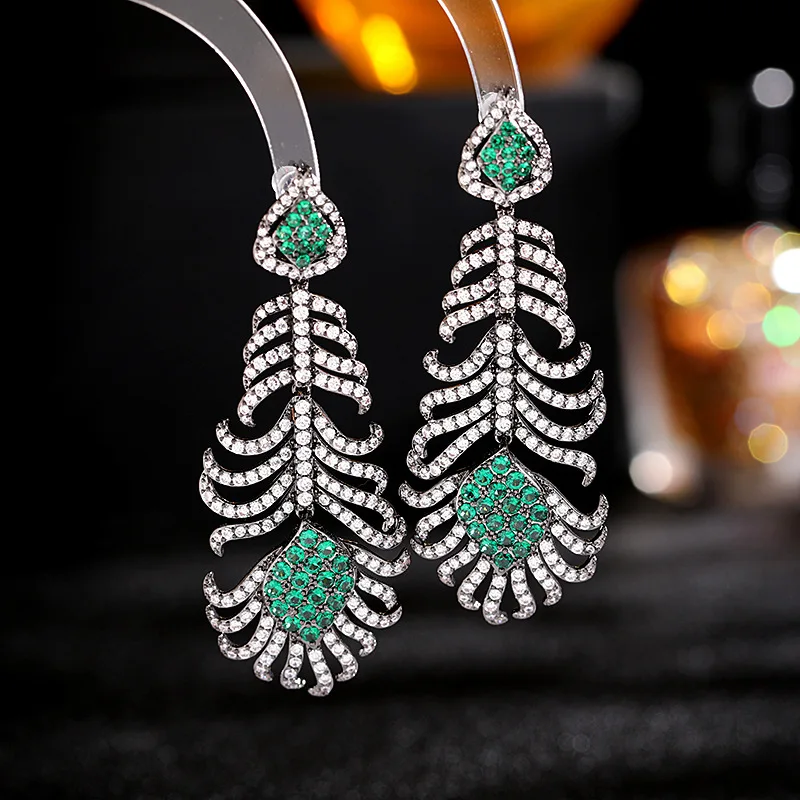 Exaggerated Retro Feather Earrings for Ladies Micro Pave Cubic Zirconia Leaf Dangle Jewellery Women Fashion Eardrop Jewelry
