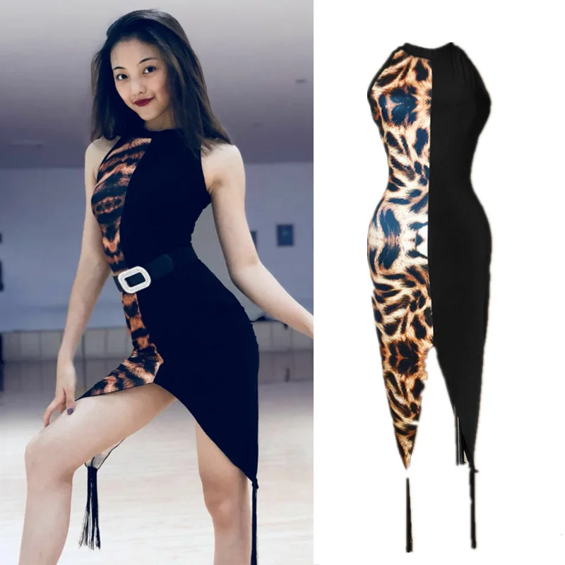 

Платье-набедренник для латиноамериканских танцев, с леопардовым принтом и кисточками