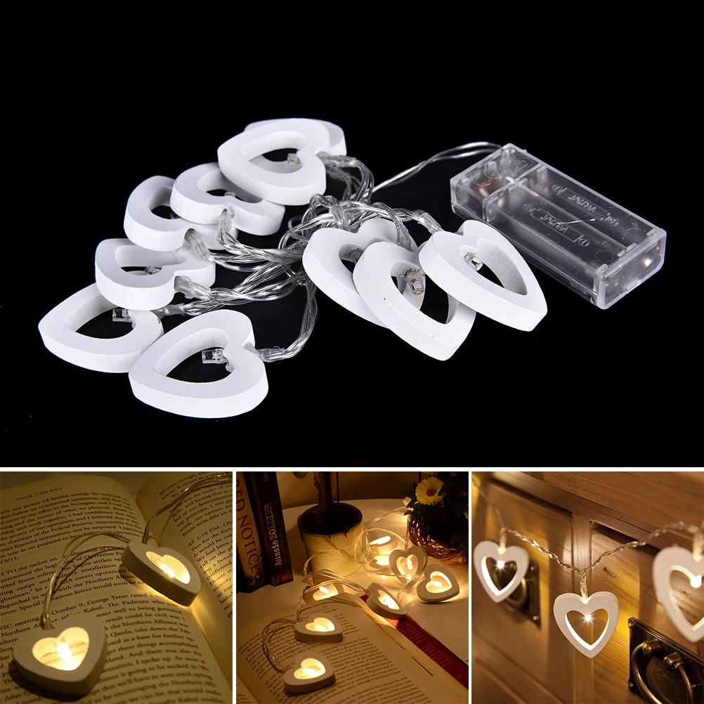 

Indoor Outdoor Lights Warm White Light Wooden Heart Shaped LEDs Waterproof 10 Led String Lights For Wedding Party Decoration