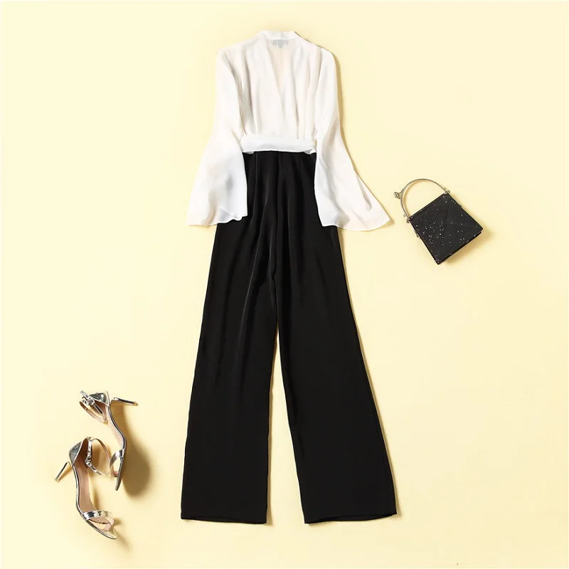 

Summer 2021 Spring Fashion Jumpsuit High Quality Women Sexy Deep V-Neck Black White Color Block Flare Sleeve Long Jumpsuits
