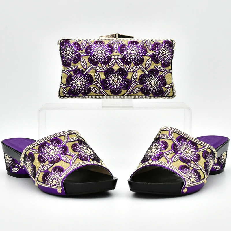 Latest Purple Color Italian Ladies Shoes and Bag Set Decorated with Rhinestone African Matching Bags In Women | Обувь