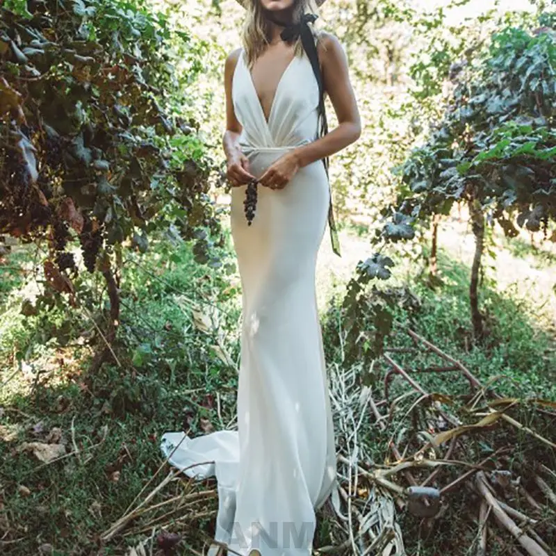 

RANMO Mermaid Wedding Dress Boho Backless Wedding Gowns Stain Elegant Backless Bride Dress Vestido De Novia Gelinlik 2021
