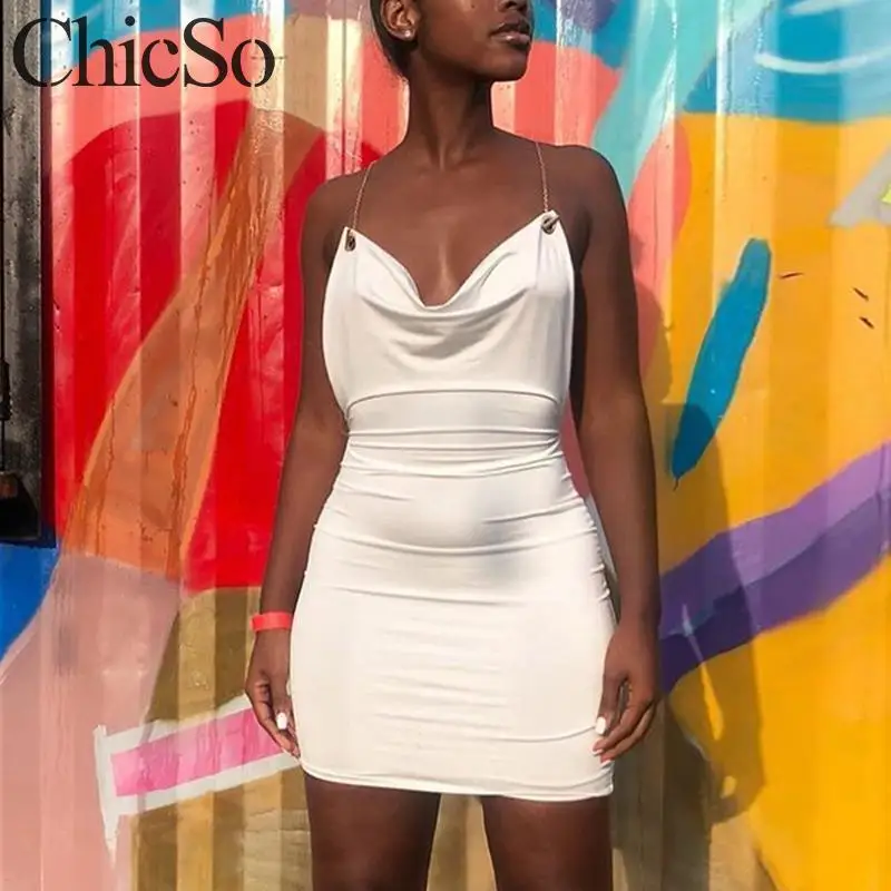 MissyChilli сатиновое элегантное белое платье с открытой спиной для женщин цепочкой