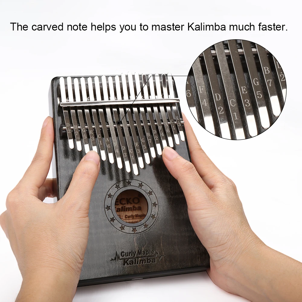 GECKO Kalimba 17 Key CURLY MAPLE Thumb Piano and EVA High Performance Protection Box, Tuning Hammer, Professional Models MC-B enlarge