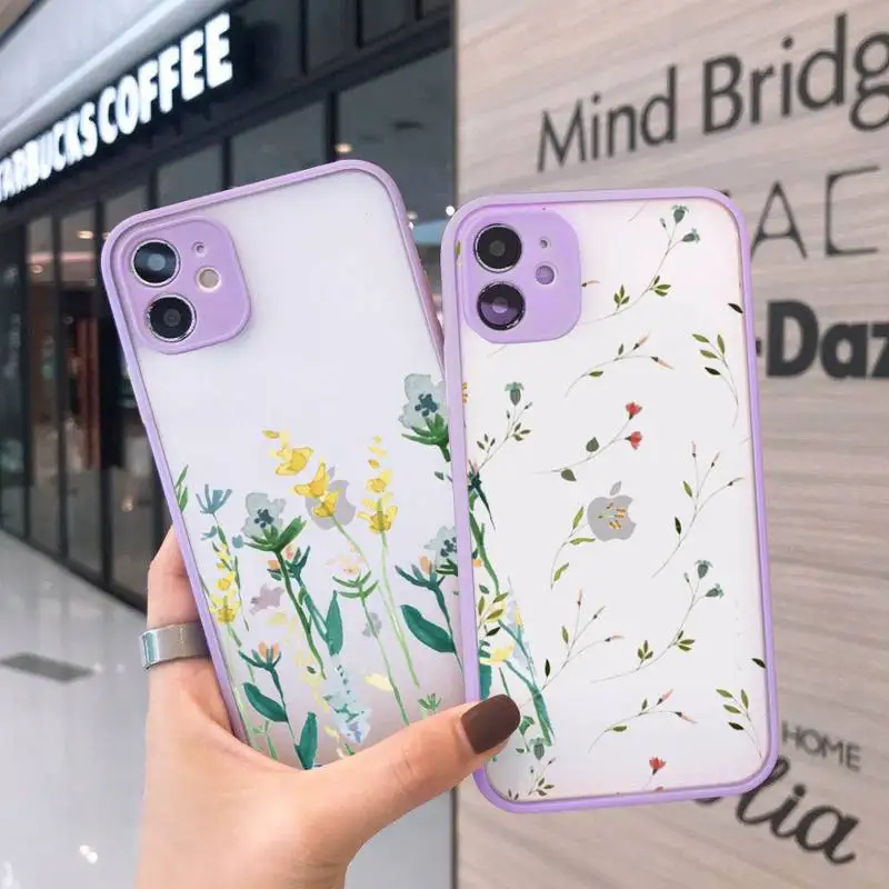 

Watercolor plants with flowers Phone Case For iPhone 12 11 Mini Pro XR XS Max 7 8 Plus X Matte transparent Purple Back Cover