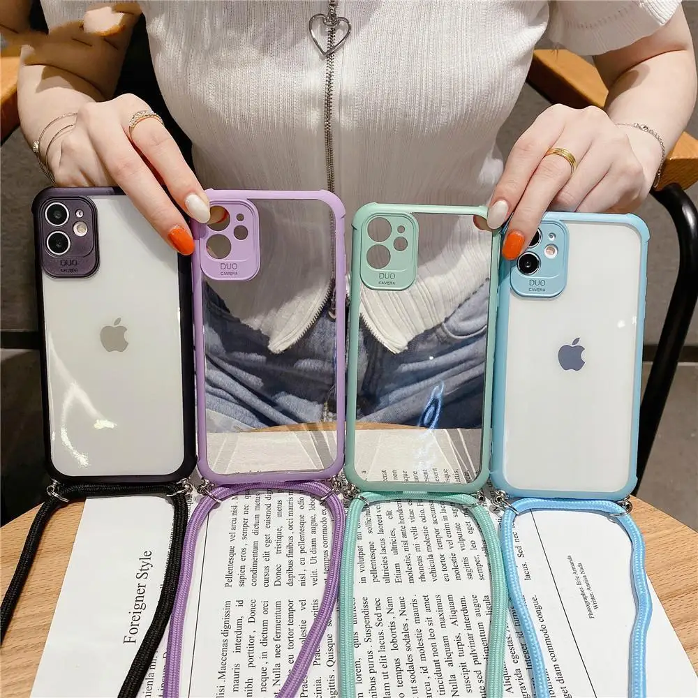 

Strap Cord Chain Transparent Phone Case For iPhone 11 12 Pro Max XR X XS Mini 7 8 Plus SE Necklace Lanyard Carry Hang Back Cover