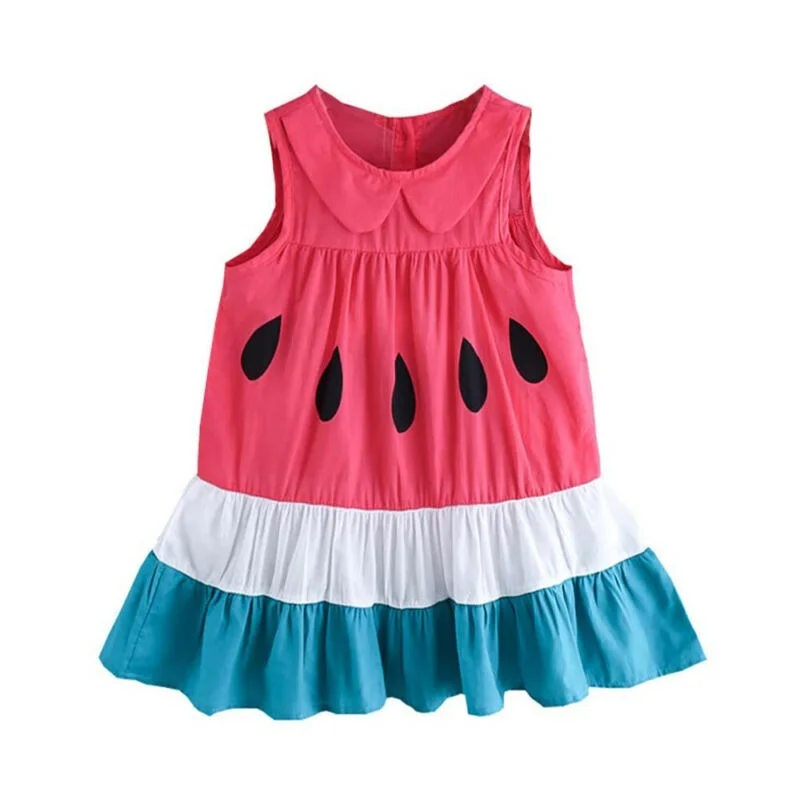 

Patchwork Watermelon Dress Girl Lovely Casual Fashion Sleeveless Pink Round Neck Dresses Cute Ruffle Three Color Skirts Children