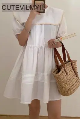 

Chic Vinatge Navy Collar Women Dress 2020 New Summer Korean Style Puff Sleeve Mini Dress Cute Lolita Vestidos