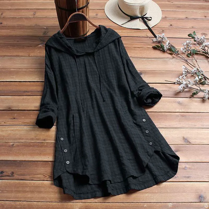 

Women Blouse 2021 Autumn Plaid Checked Hoodies Long Sleeve Shirt Casual Linen Tunic Tops Hooded Blusas Femme 5XL