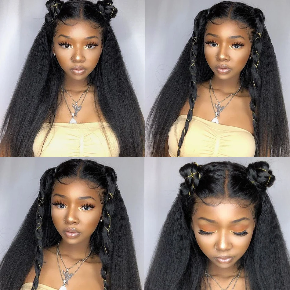 

Kinky Straight Lace Wigs 13X1 180 Density Lace Front Human Hair Wigs Peruvian Remy Lace Frontal Wig 30Inch Closure Wig For Women