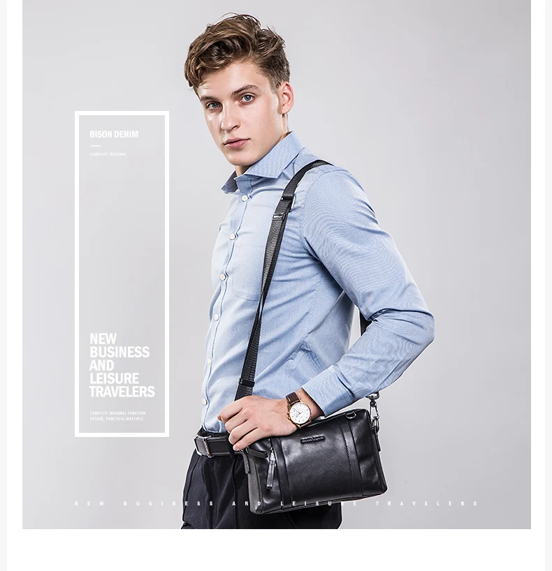 BISON DENIM модная брендовая мужская сумка из натуральной кожи, мужской клатч, деловые повседневные мужские сумки через плечо