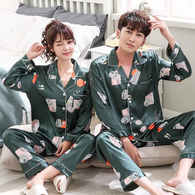 

Couples Silk Satin Long Sleeve Pajamas Sets for Women 2020 Spring Autumn Sleepwear Pyjama Men Homewear Pijama Mujer Home Clothes