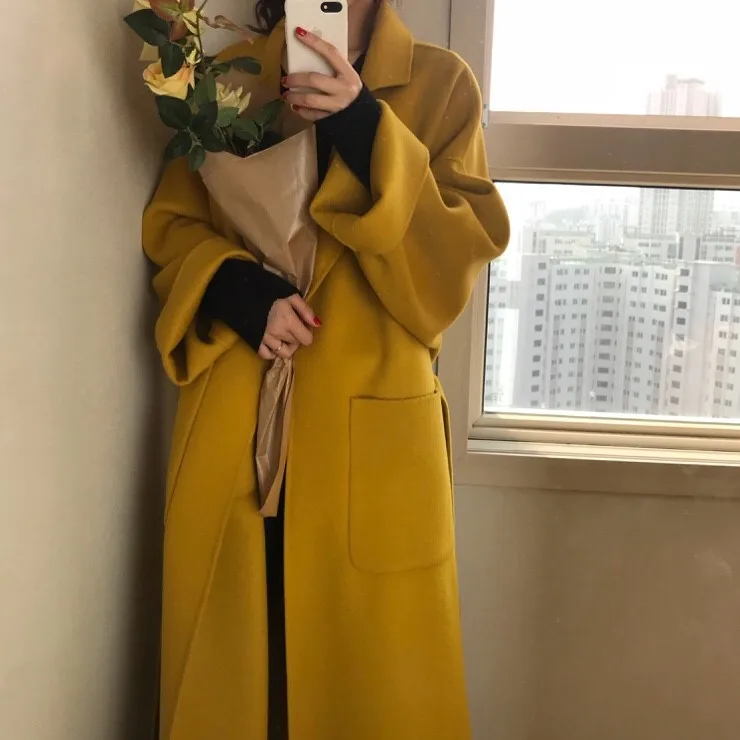 LUZUZI New Winter Coat Female Long Big Pocket Bandage Woolen Coat Women Loose Plus Size Abrigos Mujer Manteau Femme Hiver