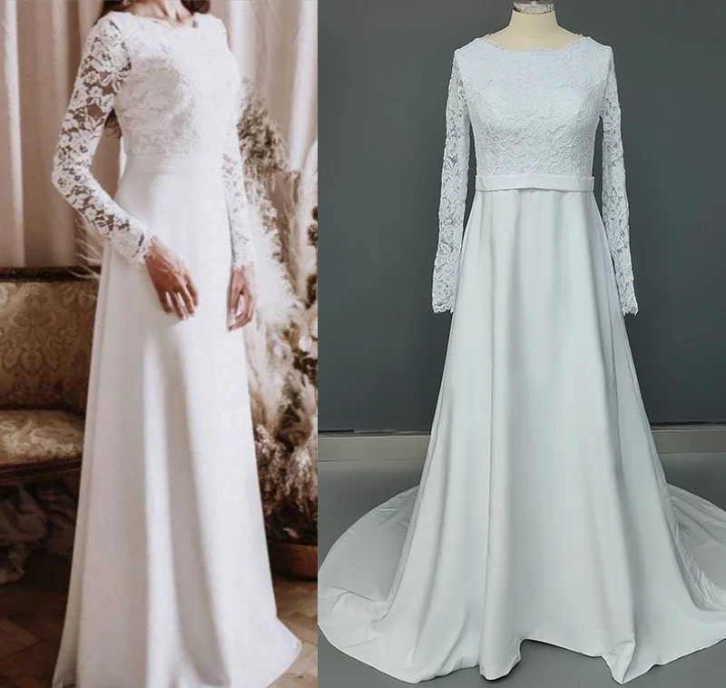 

11300# Real Photos White A-Line Muslin Long Sleeve Vintage Back BOHO Beach Sweep Train Lace Satin Wedding Dress Bride Gown 2021