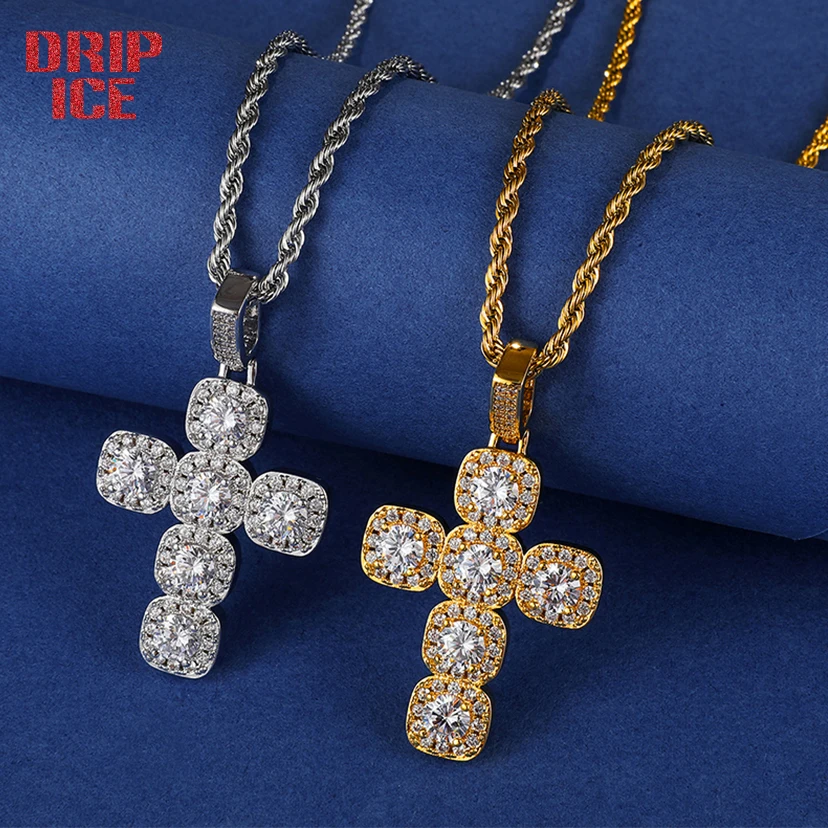 

DRIP ICE Hip Hop Iced Out Cubic Zirconia Stones Square Cross Necklaces Pendants Men Charm Tennis Chain Jewelry With Solid Back