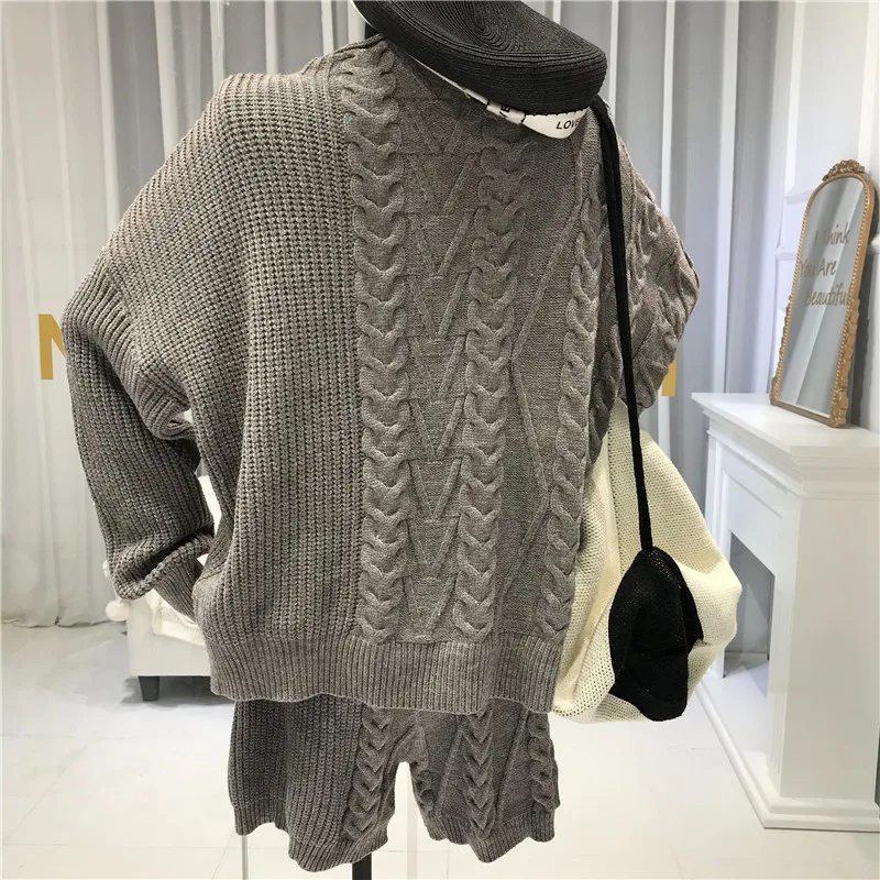 ALPHALMODA, зимний женский модный Свободный пуловер, Ретро стиль, твист, толстый свитер+ шорты, вязанный двухсекционный костюм, Одноцветный, Хит, Короткие комплекты