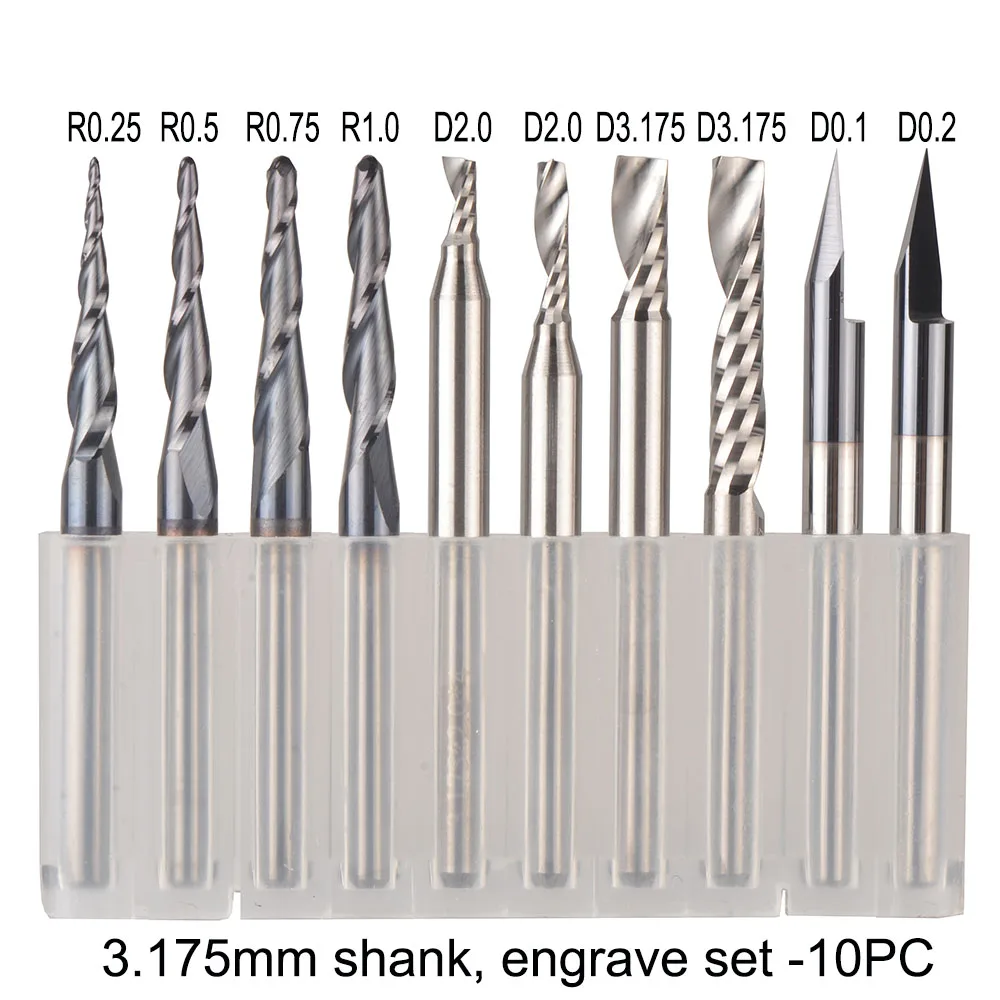 3.175mm set-10pcs CNC Твердые карбидные наконечники для гравировки фрезы по дереву набор 3,175 мм 6,35 мм 6 мм хвостовик фрезы для резьбы по дереву инструменты - Длина режущей кромки: 3.175mm set-10pcs