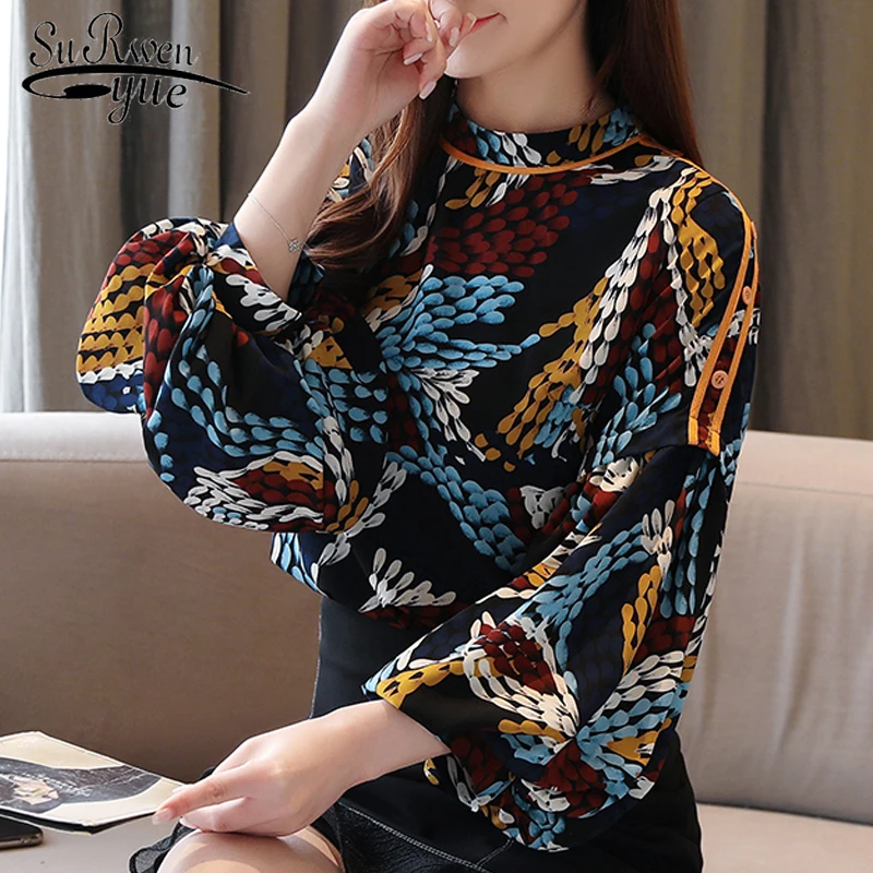 

Korean Stye Women Long Sleeve Print Shirt Vintage O-neck Women Tops and Blouse Elegant Puff Sleeve Clothes Blusas 8349 50