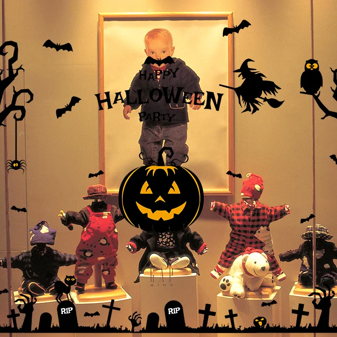 Наклейки на стену в виде тыквы летучей мыши и ведьмы 60 х90 см| |