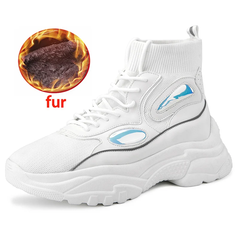 Fur White Кроссовки на плоской платформе; женская модная обувь на толстой подошве, визуально увеличивающая рост на 5 см; цвет черный, белый; повседневная обувь на массивном каблуке; Осенняя женская обувь - Цвет: Fur White